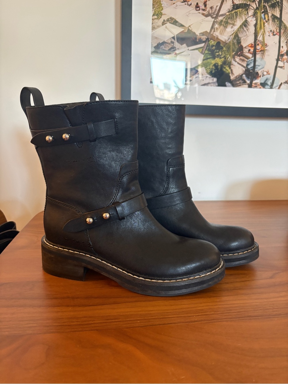 rag & bone Black Leather Mid-Calf Moto Boots with Stud Detail